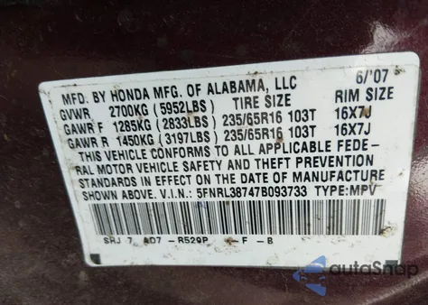 2007 Honda Odyssey Ex-L z USA, uszkodzony, nr VIN 5FNRL38747B093733